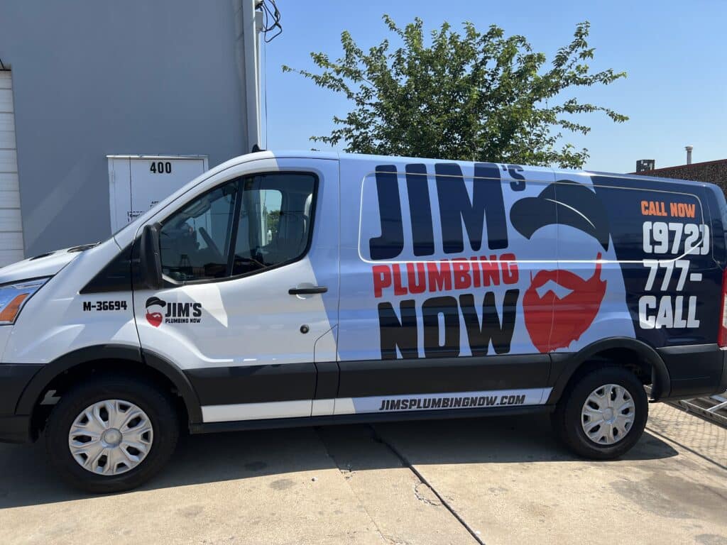jim's plumbing van parked outside a home in carrollton texas