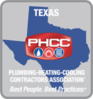 Gray/blue Texas logo for Plumbing,Heating,Cooling Contractors Assoc. (PHCC)