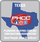 Gray/blue Texas logo for Plumbing,Heating,Cooling Contractors Assoc. (PHCC)