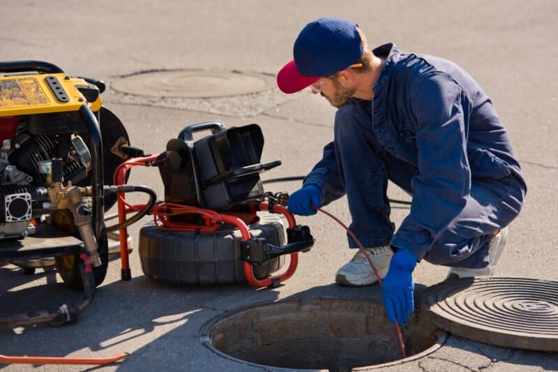 jim's plumbing technician feeding a camera line down into the dallas sewer system