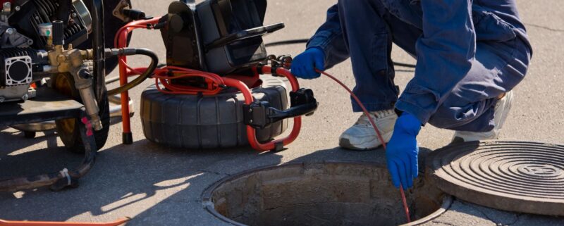 jim's plumbing technician feeding a camera line down into the dallas sewer system