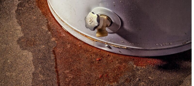 Close-up of a water heater with visible rust stains and a leak at the drain valve