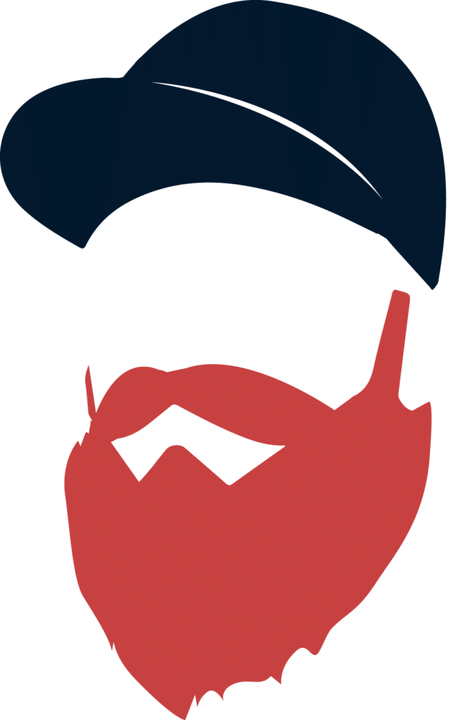 red, white, and blue jim's plumbing now beard logo