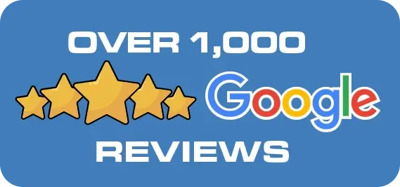 Graphic showing five gold stars and the text “Over 1,000 Google Reviews” on a blue background