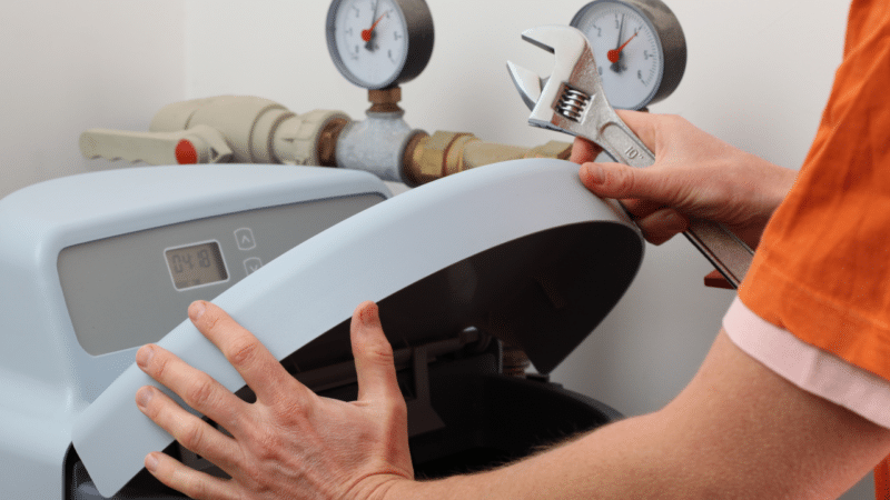 A man holding up the lid of a water softener.