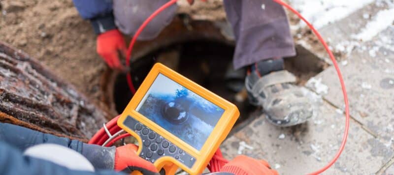 Technician using a sewer camera to inspect underground pipes near a manhole.