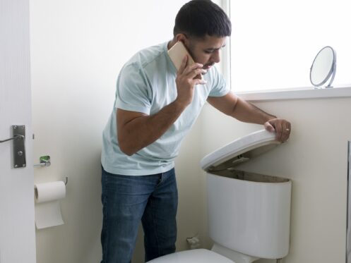 calling plumber while looking in toilet tank